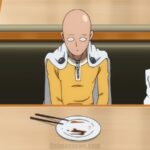 one punch man saitama eating in restaurant